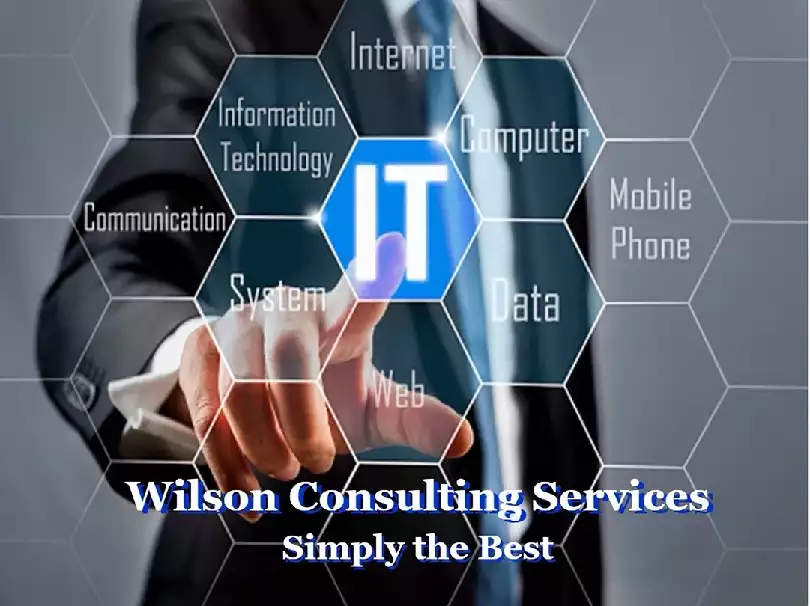 Picture of a business man pointing to a screen with a honeycomb design saying consulting, support, expert, knowledge, service, success